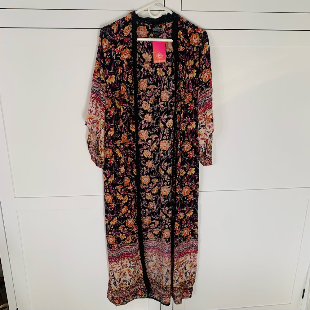 Angie Black Floral Crochet Maxi Kimono Size Small